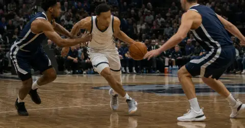 Anonymous guard drives toward the basket under pressure in a crowded game.
