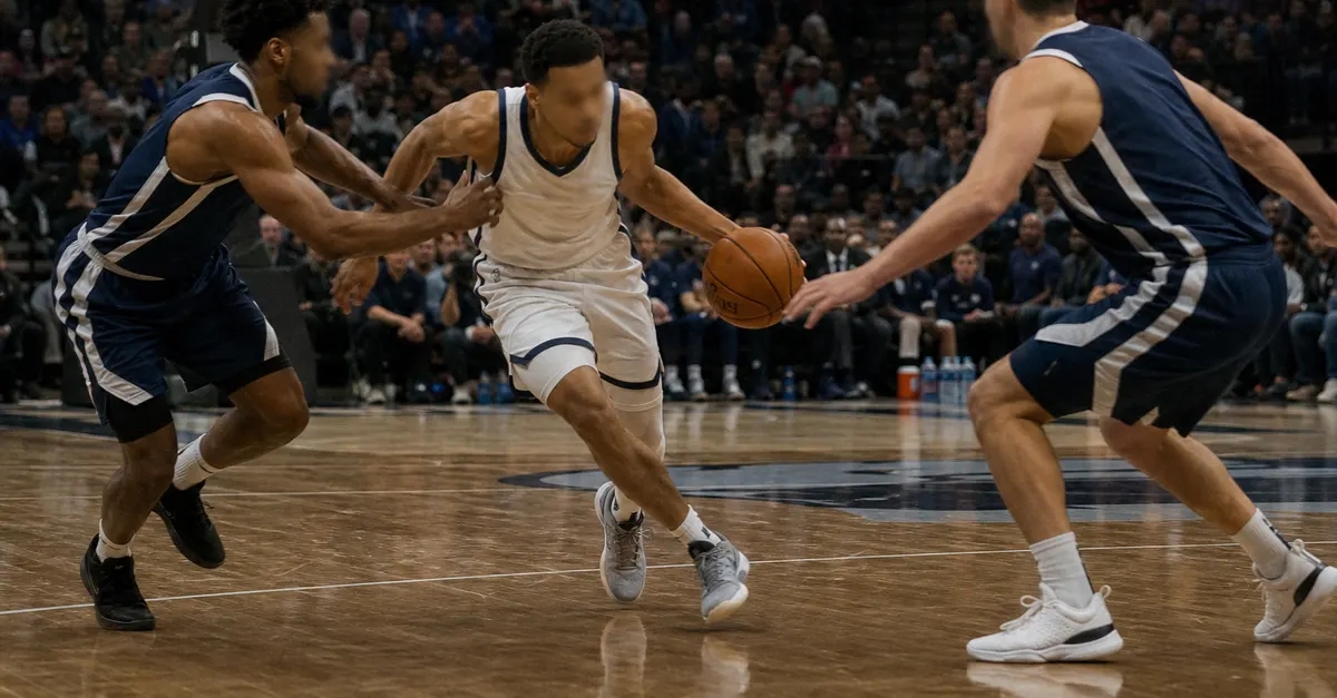 Anonymous guard drives toward the basket under pressure in a crowded game.