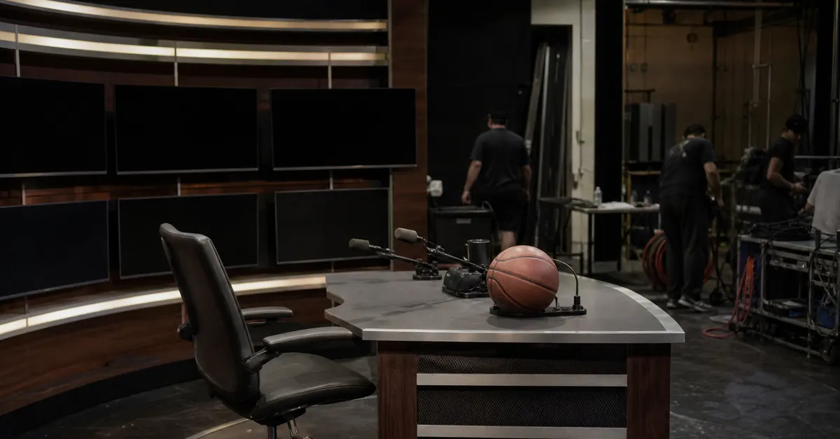 Empty basketball broadcast desk after a taping, with crew packing equipment