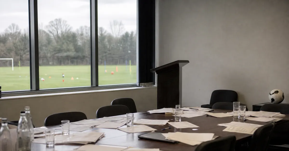 Empty football federation meeting room with paperwork, chairs and a ball
