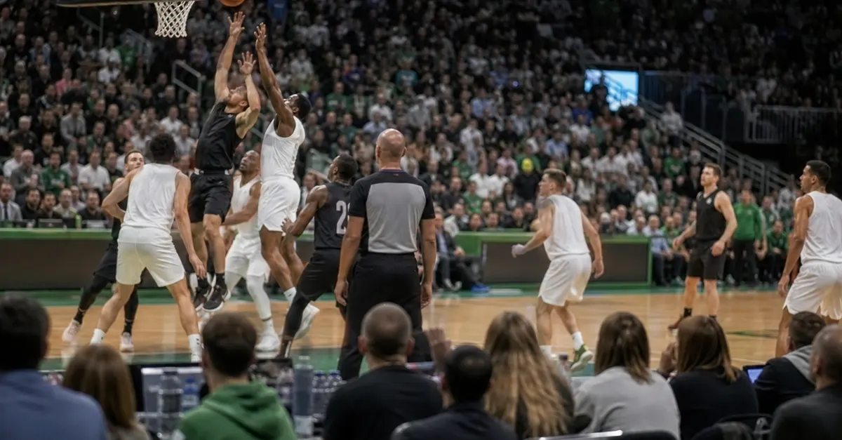 Anonymous basketball players contest a rebound in a crowded arena.