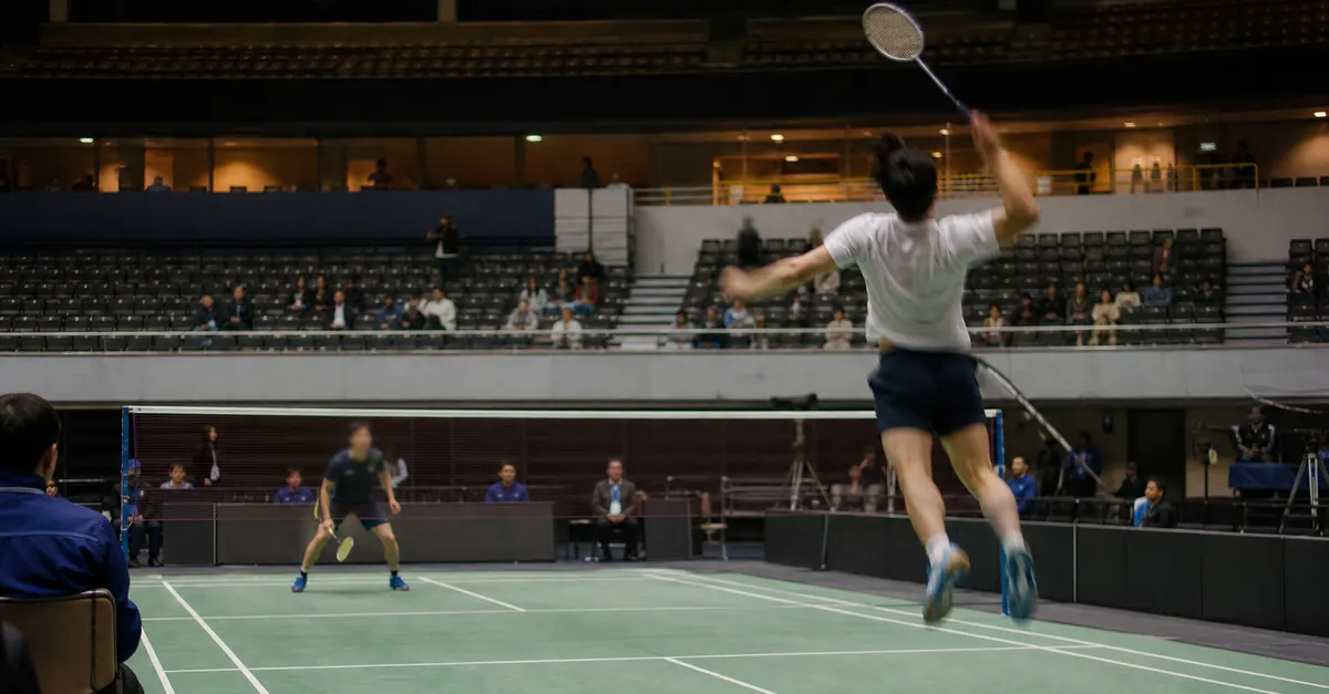 Anonymous badminton player leaps for an attacking smash in an indoor arena.