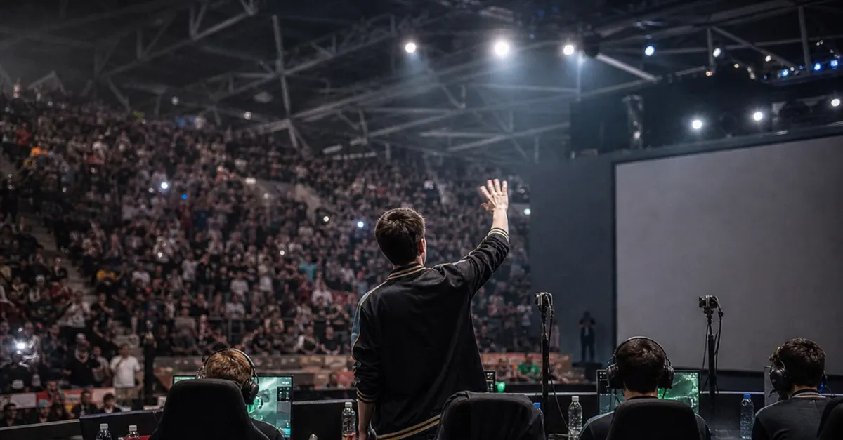 Anonymous esports players celebrate at their computers after a major final.